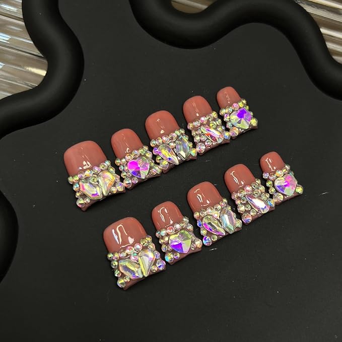10pcs Handmade Press on Nails for Women - Medium Duck Curve 3D Thick Acrylic Fake Nails Reusable,Designer Floral Butterfly Rhinestones Bling Boho Funky Y2k Nail-art Set,M,iridescence