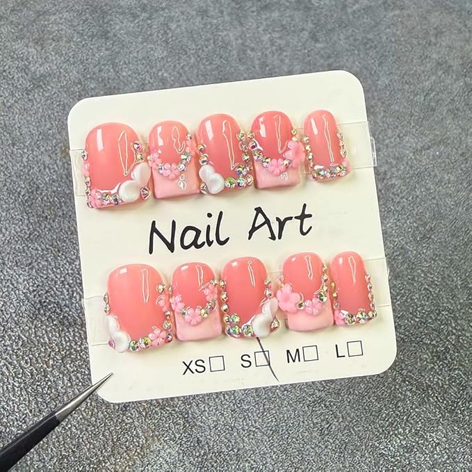 Handmade Press on Nails Square Short Fake Nails Pink French Tip with 3D Flower Designs Rhinestones Glossy luxury Cute Acrylic Nails for Women 10pcs (Size M）