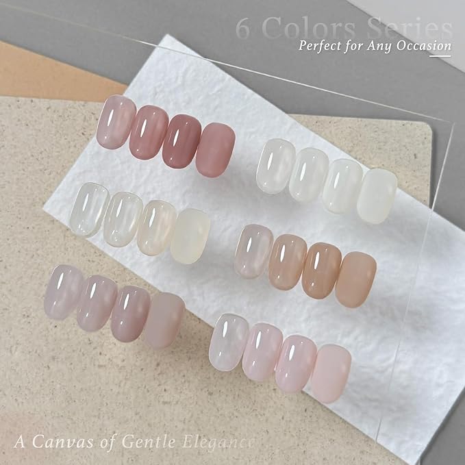 GAOY Jelly Nude Gel Nail Polish Set, 6 Transparent Colors Sheer Milky White Pink, UV Light Cure Gel Polish for Nail Art DIY at Home