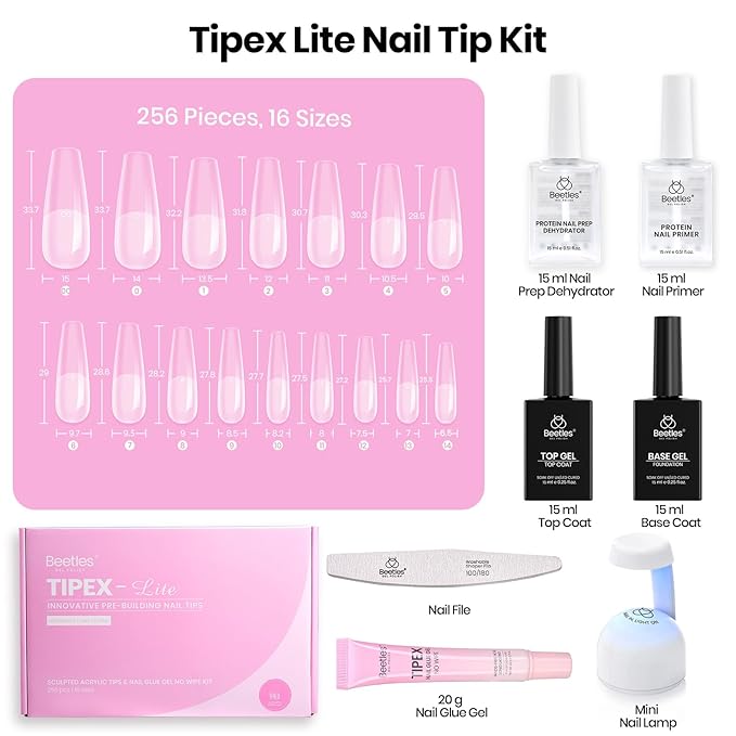 Beetles Tipex Lite Nail Tips Kit with Dehydrator & Primer, Long Coffin Full Cover Clear Nails 256PCS 16 Sizes, Mini UV Lamp, 20g Solid Nail Glue, Base & Top Coat, All-in-One Nail Starter Kit