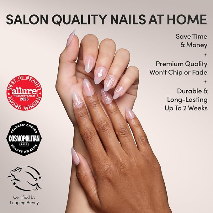 Valentines Day Glamnetic Press On Nails - Lovers Knot | Glossy, Semi-Transparent, Short Almond Nails, Salon Quality | 15 Sizes - 30 Nail Kit with Glue