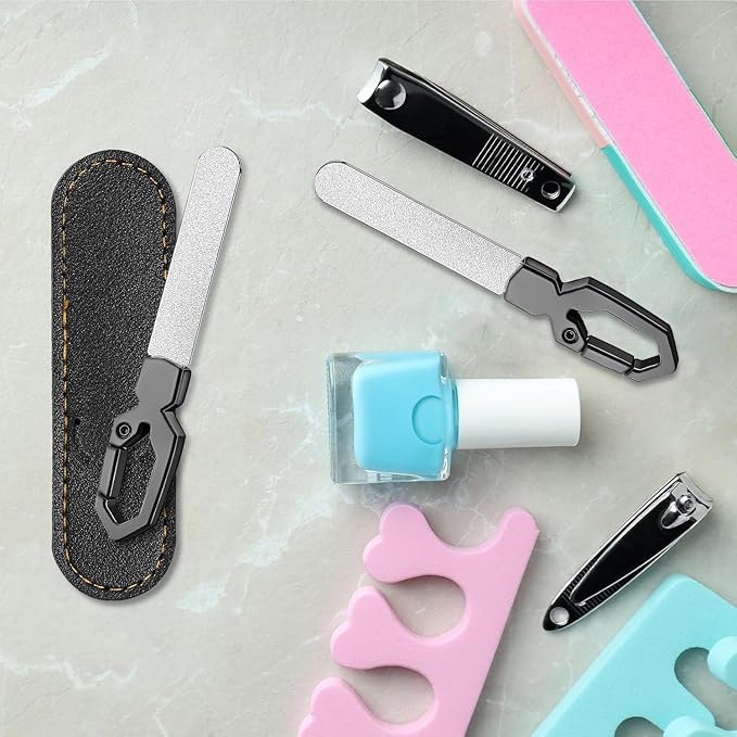 Metal Nail File with Keychain Handle, Stainless Steel Double-Sided Grit Fingernail File with Leather Case, Portable Nail Filer for Home, Travel & Gift Use