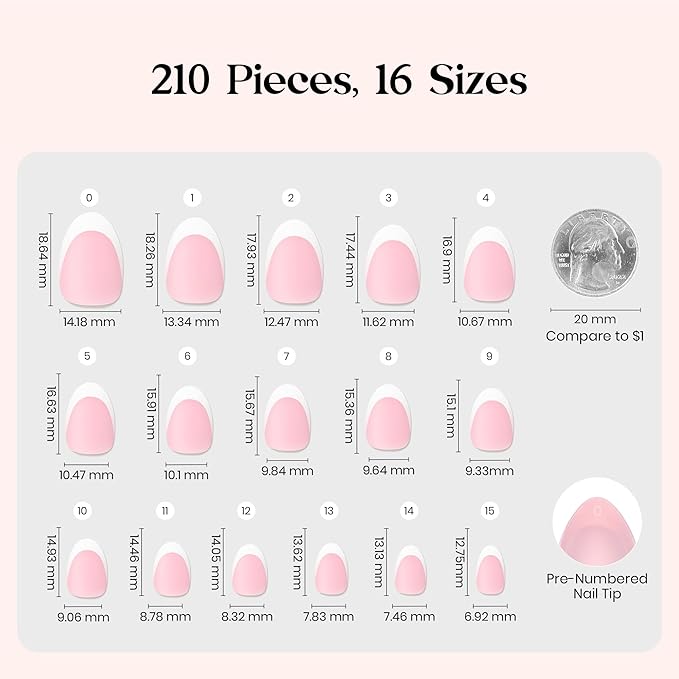 Beetles X Press Plus French Tip Nails | Petal French | Pink Ultra-Short Almond French Tip Press On Nails-210 Pcs 16 Sizes Natural Salon Quality Nail Tips
