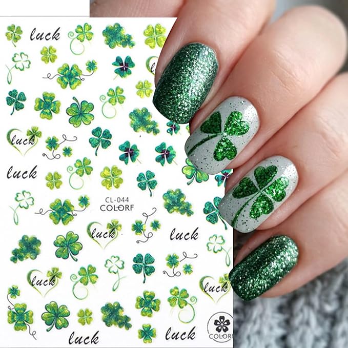 6 Sheets St Patrick’s Day Nail Art Stickers 3D Self- Adhesive Laser Shamrock Nail Stickers Green Clover Hat Letter Design St Patricks Day Nail Art Supplies Irish Nail Decals for Women Acrylic Manicure