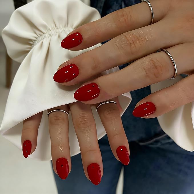 KQueenest Press On Nails Short - Warm Red Press On Nails Oval, 32 Pcs 16 Sizes Natural Short Fake Nails Press ons Almond, Reusable Opaque Glossy Gel Glue on Nail with Glue for Everyday Office Wear