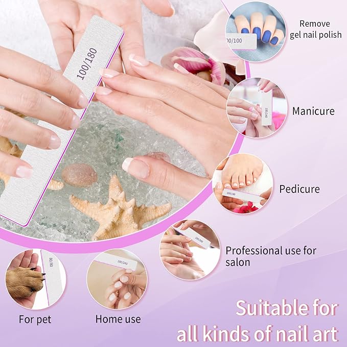Nail File 100/180 Grit Professional Reusable 12 PCS Double Sides Washable Nail Files for Acrylic and Natural Nails Manicure Tools Suit for Home Salon