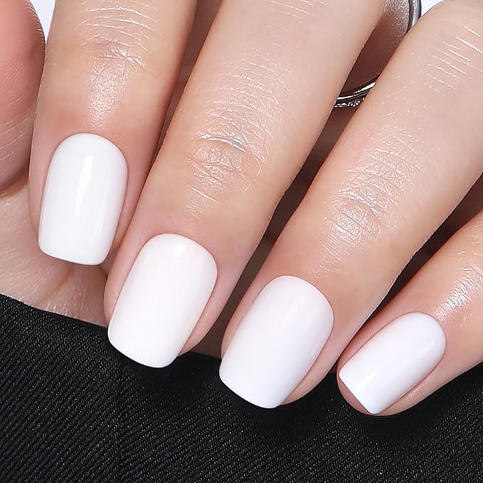 UNA GELLA Soft Gel Press on Nails - 32 Pcs 16 Sizes Glossy Milky White Short Square Fake Nails with Glue & Adhesive Tabs, Reusable Full Cover False Nails Kit, Salon Quality DIY Manicure Set