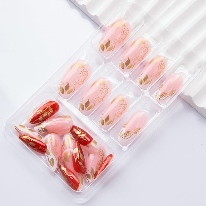 Gold Leaf Press on Nails Medium Almond Fake Nails White French Tip False Nails with Golden Line Design Glue on Nail Glossy Acrylic Artificial Stick on Nails for Women Girls 24Pcs