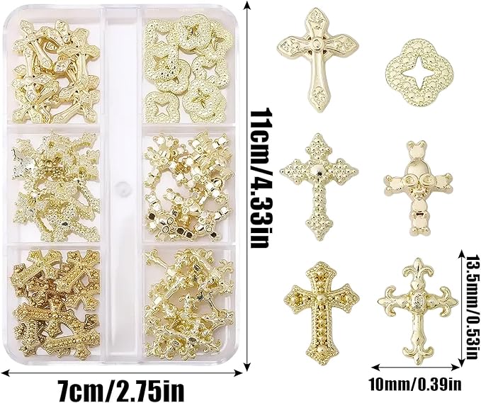 3D Cross Nail Charms for Nail Art, 60 Pcs Metal Crystal Cross Nail Decorations, Alloy Nail Studs and Rhinestones for Women Girl DIY Jewelry Crafts Supplies (Gold B)
