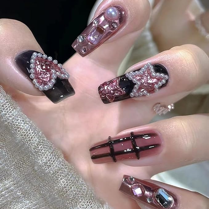 Medium Press On Nails Square False Nails Black 24pcs with Heart and Star Designs Artificial Nails Stick on Nails for Women