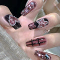 Medium Press On Nails Square False Nails Black 24pcs with Heart and Star Designs Artificial Nails Stick on Nails for Women
