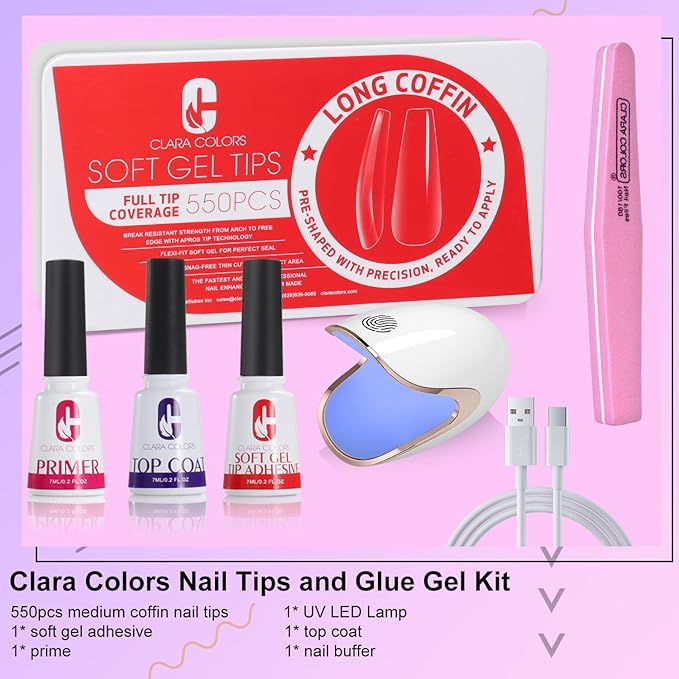 Clara Colors 550pcs Long Coffin Full Tip Coverage Clear Acrylic Artificial False Soft Gel Nail Tips Full Kit with Primer, Base Adhesive, Top Coat, UV Lamp, and Buffer