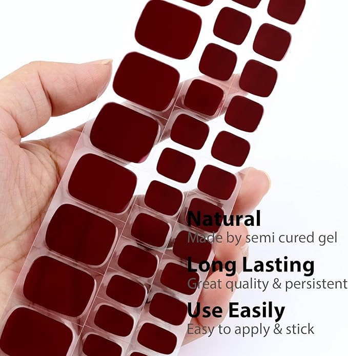 34 Pcs Semi Cured Gel Toe Nail Strips Dark Red Gel Nail Stickers Full Cover Nails Wraps Self Adhesive Toe Nails Polish Strips Stickers for Women UV/LED Light Required
