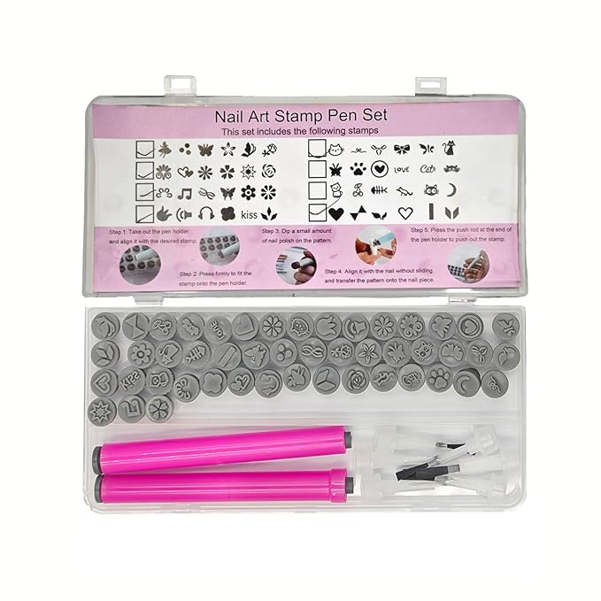 56pcs Nails Art Stamp Pen Set, Containing 48 Kinds Of Nail Stamp Patterns, 1 Stamp Pen, 1 Brush Pen, Three Kinds (Two Of Each Kind) Replaceable Brush Heads, Suitable for DIY Design Nails Set
