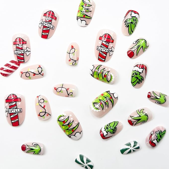 Christmas Red White Stripe Press-On Nails - Short Almond Shaped False Nails With Green Monster Designs - Full Cover Winter Acrylic Xmas Stick-On Nails for Women - DIY Nail Art - 24 Pcs