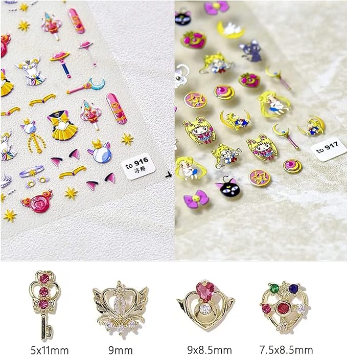 New Cartoon Anime Princess Moon Hare Nail Sticker Decals 5D Embossed(2 Sheets) + 3D Diamond Nail Art Accessories(4 Pcs)