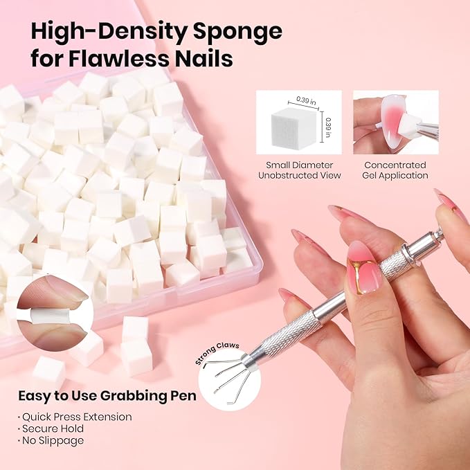 Beetles 150Pcs Soft Nail Sponges for Ombre, White Nail Sponge with Grabbing Pen, Pink Pat Painting Gel Polish Kit for Gradient Ombre Blush Chrome Design Nails Art Tools, Home DIY Salon Manicure