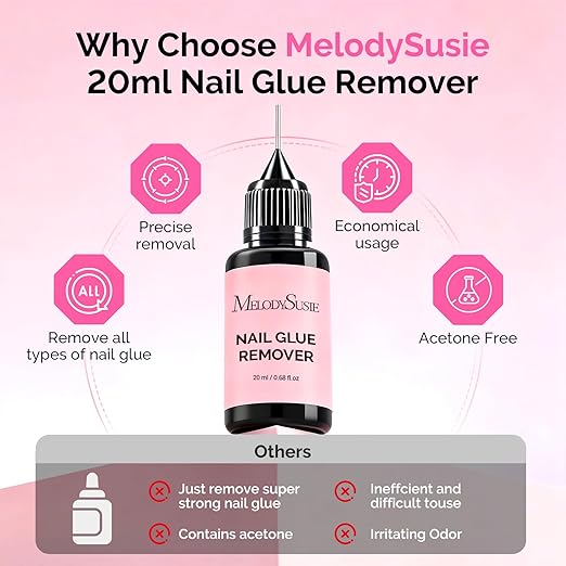 MelodySusie Nail Glue Remover for Press on Acetone Free Nail Polish Remover Multi-Functional Remover for Nails Tips Gentle Glue Remover for Gel x Nails for Home Salon 20ML