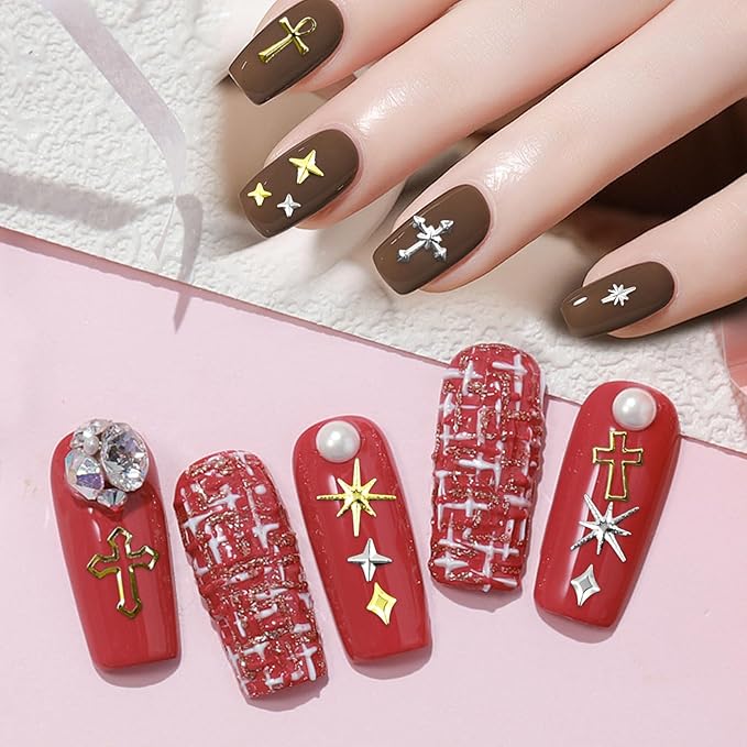 Gold Silver 3D Nail Charms, 2Boxes 24Grids Bow Star Nail Gems Nail Studs,Punk Metal Alloy Rivet Stickers Bowknot Nail Art Decorations Accessories for Nail Art Design DIY Crafts (Gold Silver D)