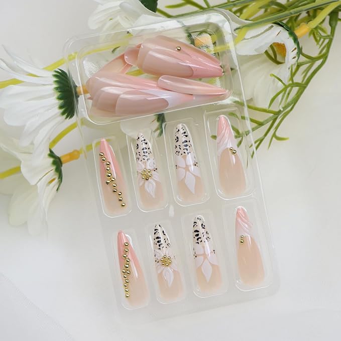 Long Press on Nails Stiletto Leopard Print Pink White French Tip Fake Nails Press ons Flower Golden Steel Balls Designs Cute Glossy Almond Glue on Nail for Women 24 Pcs