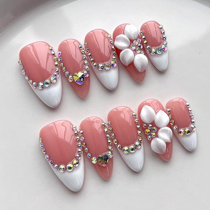 French Tip Press on Nails Handmade Medium Almond 3D Floral Thick Acrylic Nails White False Nails with Flower Rhinestones Designs Elegant Glossy Fake Nail Sturdy Wedding Art Press on Nail 10Pcs(S)