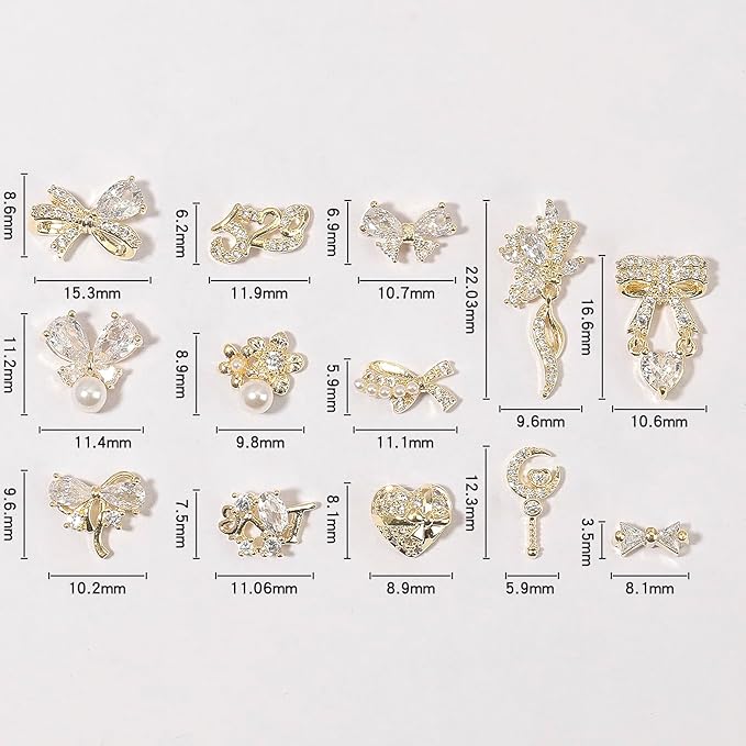 HNUIX Nail Charms and Gems - Gold Copper Zircon, Multiple Shapes 3D Dangle, Metal Luxury Jewelry Rhinestones for Nails 14 Pieces