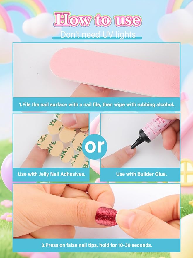 EBANKU 24 Pieces Kid Fake Nail Kit, Almond Press on Nails for Kids Lovely Heart Press on Nail Short Artificial False Nail Kits for Kids Girls