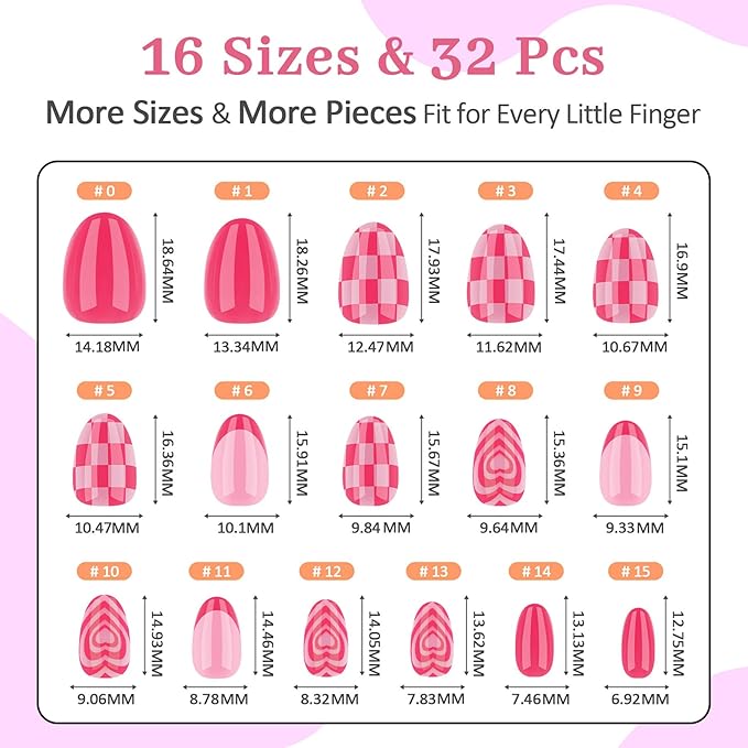16 Sizes Press on Nails Kit for Kids - 32 Pieces French Almond Fake Nail Tips for Girls 8-12 Years Old with Jelly Nail Adhesives & No-Lamp Nail Glue, Birthday Easter Gifts (Rose Pink Grid)