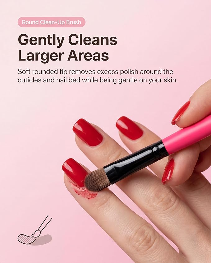 3PCS Nail Clean-Up Brushes, Round/Angled/Flat, Acetone-Resistant Cuticle Polish Remover for Nail Art & Manicures（Rose Red）