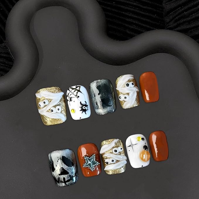 Halloween Handmade Press on Nails Golden Glitter Fake Nails Halloween Cute Mummy Spider Web Spider Designs Muti-Layer Gel Thick Acrylic Nails Full Cover Short Square False Nails for Women (Size M)