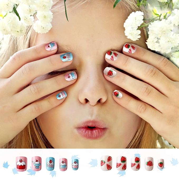 JANYUN 96 Pcs Kids False Nail Stick on Nails Full Cover Short False Nails Children Nail Tips Lovely Gift for Kids Little Girls Nail Art Decoration (Fruits Color)