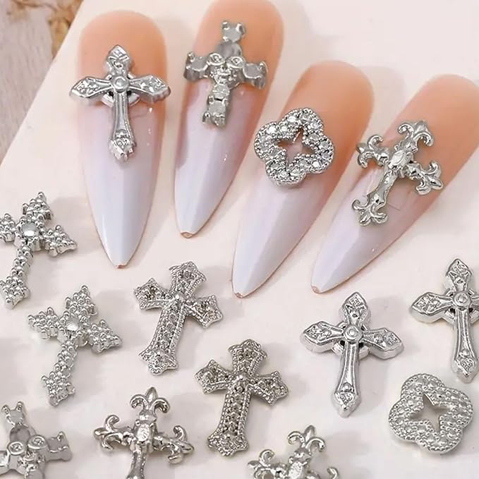 3D Cross Nail Charms for Nail Art, 60 Pcs Metal Crystal Cross Nail Decorations, Alloy Nail Studs and Rhinestones for Women Girl DIY Jewelry Crafts Supplies (Silber B)
