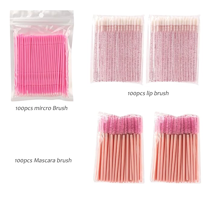 300 PCS Eyelash Extension Supplies Kit, Disposable Micro Swab Brush, Eyebrow Spoolie, Lip Brush, Mascara Wand Applicator (Light pink)