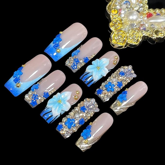 Handmade 3D Floral Press On Nails, Medium Long Square Shape, Blue Gradient with Rhinestones, Gold Beads, Reusable Acrylic False Nails (Blue enchantress, M)