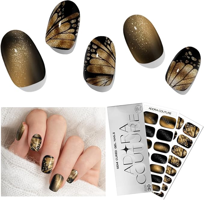 Semi Cured Gel Nail Strips with 30 Pieces - UV Gel Stickers, Manicure Kit, Easy Application Wraps Includes Prep Pads, Nail File, Wooden Stick - UV Light Required (Golden Flutter)