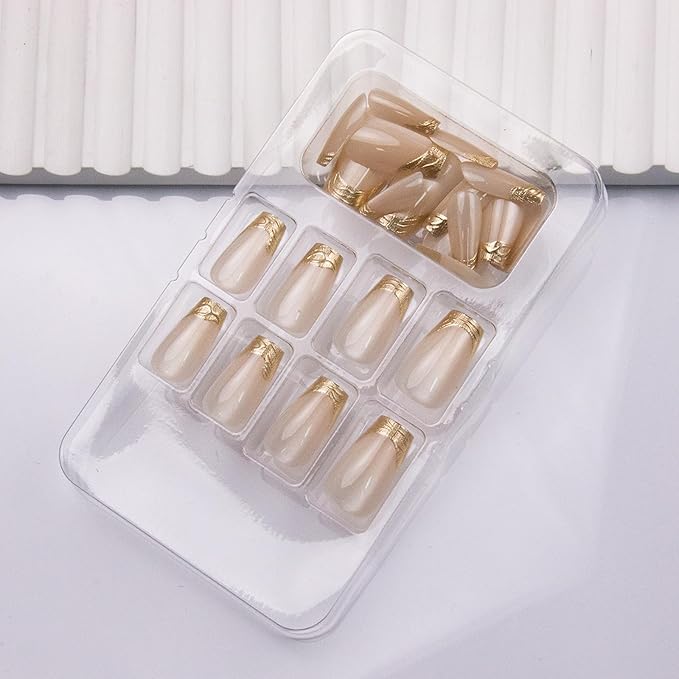 Gold French Tip Press on Nails Square Short Fake Nails Cat Eye Acrylic Nails Press ons Glossy Nature Artificial False Nails Full Cover Glue on Nails for Women Girls Manicure Deco 24Pcs