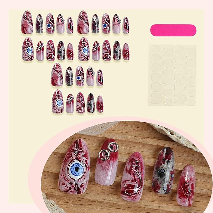 Halloween Press on Nails - Horror Eyeball Fake Nails | Medium Almond Acrylic Nails with Blood Stain Design,Full Cover Glossy False Nails,Stick on Nail for Women Halloween Nail Art Decor - 24Pcs