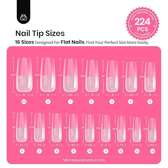 Beetles Tipex Nail Tips Kit Long Square, 224Pcs 16 Sizes,Pre-building Pre-Etched Strong Thicker Acrylic Tips with Mini U V Lamp Tipex Nail Glue