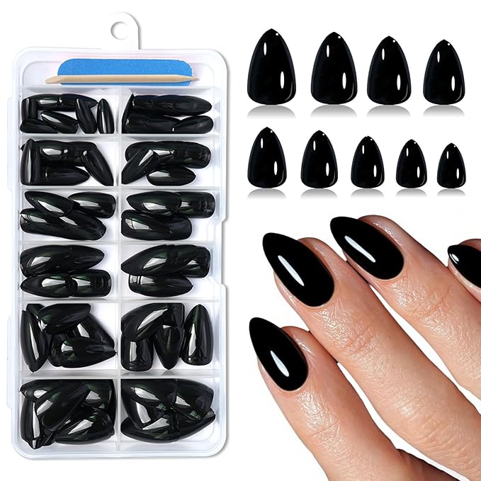 120pc Black Almond Press on Nails Short Fake Nails Press ons for Women Acrylic Nails Press on Nails&Glue Tabs, Short Black Press on Nails Almond False Nail Tip Stick on Artificial Fingernail