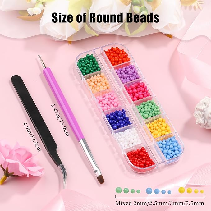 3D Mini Small Metal Stainless Steel Caviar Nail Beads Balls, 0.8-3mm Gold Silver Alloy Nail Art Chain Charms Studs with Tweezers and Dual-end Brush (20-K1-colorful-beads)
