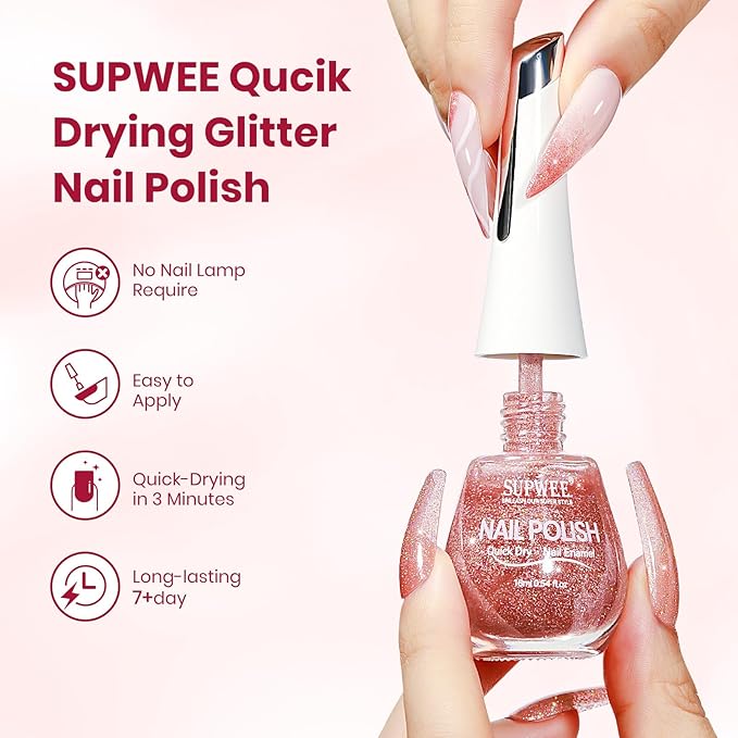 Quick Dry Glitter Nail Polish, 16ml Fast Drying Nail Polish Non Gel Shimmer Finger Nailpolish, Air Drying, Oil-based, Iridescent, Chip Resistant, Vegan, Streak, Long Lasting