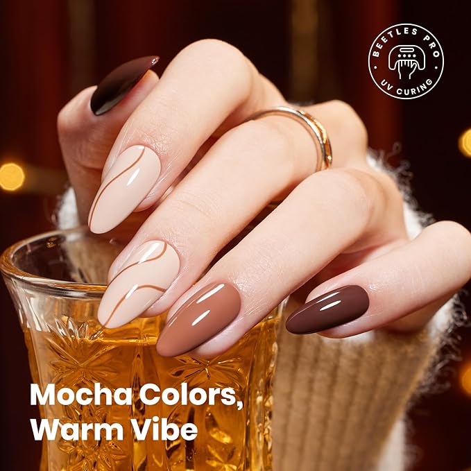 beetles Brown Gel Polish Set - Midnight Serenity HEMA-Free Gel Polish Set, 6 Colors 15ml Mocha Brown Wine Plum Shades, Salon-Quality Long Lasting Soak Off UV LED Nail Gel with Swatch Card