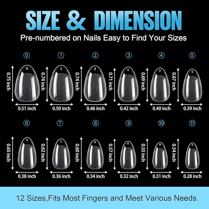 TOMICCA Short Almond Nail Tips,192Pcs Nail Tips Fake Nails Acrylic Nail Kit, 12Sizes Gel Clear Nails for Nail Extension Home DIY Nail Salon