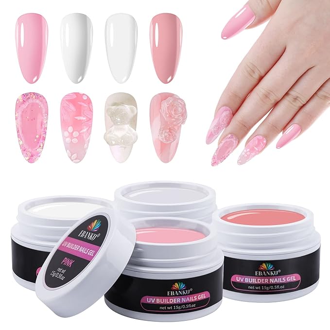 EBANKU Solid Builder Gel Kit, Builder Gel for Nails 4 Colors Clear White Nude Pink for Nail Art Strengthen Nail Extension Kit for Beginners Home DIY, 4 * 15g