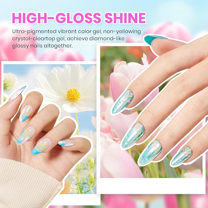 beetles Gel Polish Kit - 36 colors Pastel Polish Blue Green Glitter Nail Polish with Nail Art Foil Glue Base Coat Glossy Top Coat Impressionist Garden Soak off Uv Gel Manicure Kit Gifts