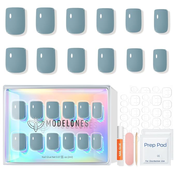 Modelones Steel Blue Press on Nails, Short Square Fake Nails, Reusable Nail Kit with Nail Glue Adhesive Tabs Mini Nail File, Nails Press Ons 32Pcs16 Sizes, Women Girl Gift