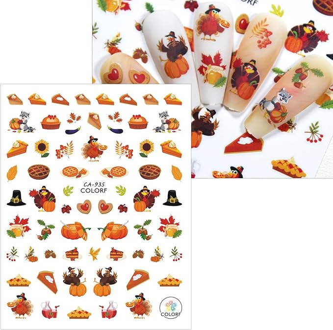 Fall Nail Art Stickers Thanksgiving Day Turkey Pumpkin Nail Decals 3D Self-Adhesive Holiday Maple Leaf for DIY Autumn Party Nail Supplies Decoration 8 Sheets