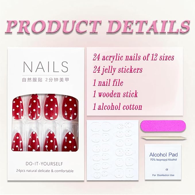 Press on Nails Medium Almond MABKJLF Fake Nails Red False Nails with White Polka Dots Designs Full Cover Glossy Glue on Nail Acrylic Nails for Women Girls 24Pcs