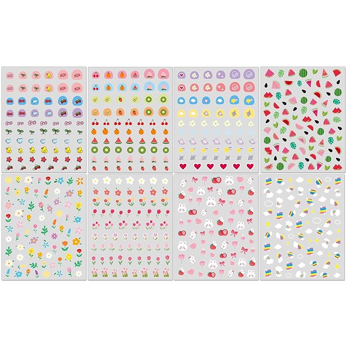 Nail Stickers for Kids - Cute 3D Self-Adhesive Designs, Flowers Leaves Animals Fruits DIY Nail Art Decals for Little Girls, Toddler (8 Sheets)