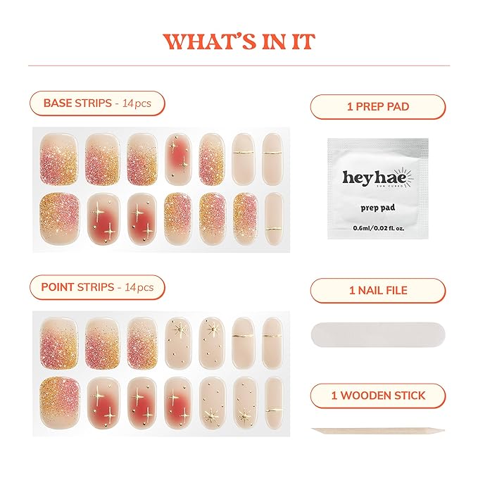 Heyhae Semi Cured Gel Nail Strips | No LED Lamp Needed | Ombre, Gold, Spring | Easy Apply & Remove, Salon Quality | Includes 28 Strips, 1 Prep Pads, Nail File & Wooden Stick - Hey, It's Golden Hour
